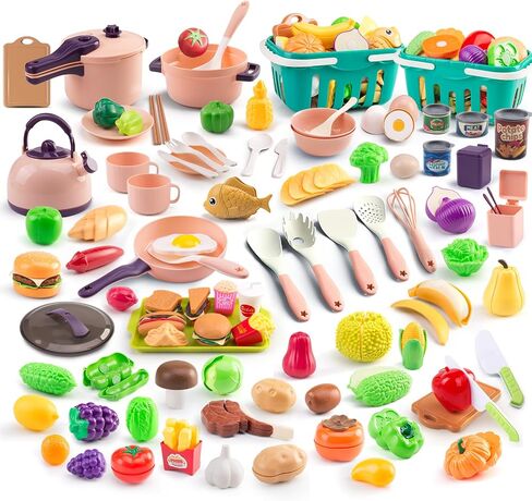 200Pcs Mini Play Kitchen Accessories for Kids, Pretend Cooking Playset with Cookware, Tableware & 2 Fruit Sets, Learning Gift for Girls, Boys, Toddlers, Pink in Kuwait