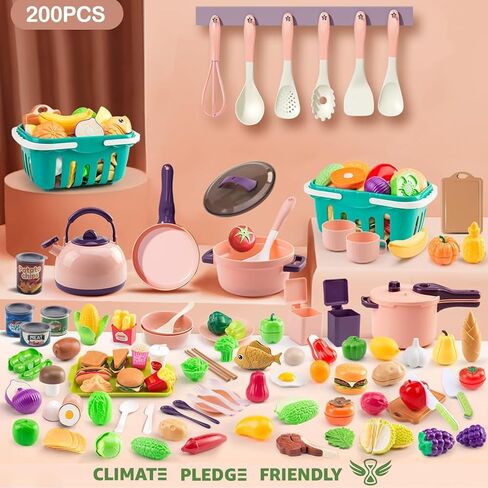 200Pcs Mini Play Kitchen Accessories for Kids, Pretend Cooking Playset with Cookware, Tableware & 2 Fruit Sets, Learning Gift for Girls, Boys, Toddlers, Pink in Kuwait