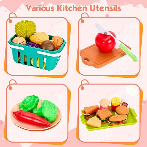 200Pcs Mini Play Kitchen Accessories for Kids, Pretend Cooking Playset with Cookware, Tableware & 2 Fruit Sets, Learning Gift for Girls, Boys, Toddlers, Pink in Kuwait