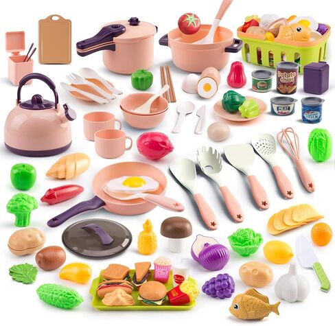 200Pcs Mini Play Kitchen Accessories for Kids, Pretend Cooking Playset with Cookware, Tableware & 2 Fruit Sets, Learning Gift for Girls, Boys, Toddlers, Pink in Kuwait