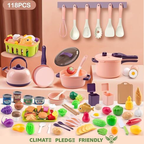 200Pcs Mini Play Kitchen Accessories for Kids, Pretend Cooking Playset with Cookware, Tableware & 2 Fruit Sets, Learning Gift for Girls, Boys, Toddlers, Pink in Kuwait