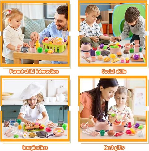 118-Piece Mini Play Kitchen Accessories for Kids Ages 3+, Pretend Cooking Playset with Cookware, Tableware & 2 Fruit Sets, Learning Gift for Girls and Boys, Pink in Saudi Arabia