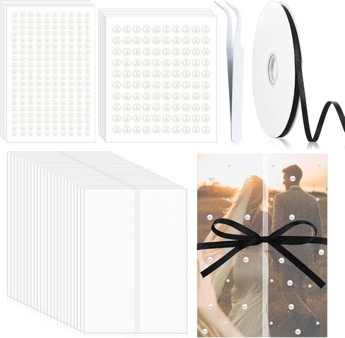 Faccito 50 Pcs Vellum Jackets for 5x7 Invitations Wedding Invitation Accessories Kit Pre Folded Vellum Paper 1 Roll Black Ribbon, 1700 Pearls Stickers Tweezer, Envelope Liners 5x7 Inserts for Wedding in Saudi Arabia