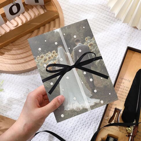 Faccito 50 Pcs Vellum Jackets for 5x7 Invitations Wedding Invitation Accessories Kit Pre Folded Vellum Paper 1 Roll Black Ribbon, 1700 Pearls Stickers Tweezer, Envelope Liners 5x7 Inserts for Wedding in Saudi Arabia