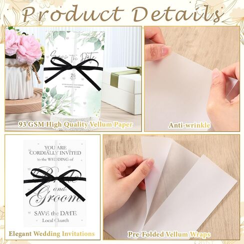 Faccito 50 Pcs Vellum Jackets for 5x7 Invitations Wedding Invitation Accessories Kit Pre Folded Vellum Paper 1 Roll Black Ribbon, 1700 Pearls Stickers Tweezer, Envelope Liners 5x7 Inserts for Wedding in Saudi Arabia