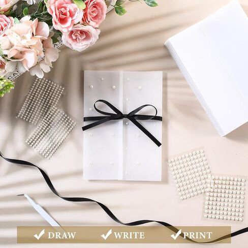 Faccito 50 Pcs Vellum Jackets for 5x7 Invitations Wedding Invitation Accessories Kit Pre Folded Vellum Paper 1 Roll Black Ribbon, 1700 Pearls Stickers Tweezer, Envelope Liners 5x7 Inserts for Wedding in Saudi Arabia
