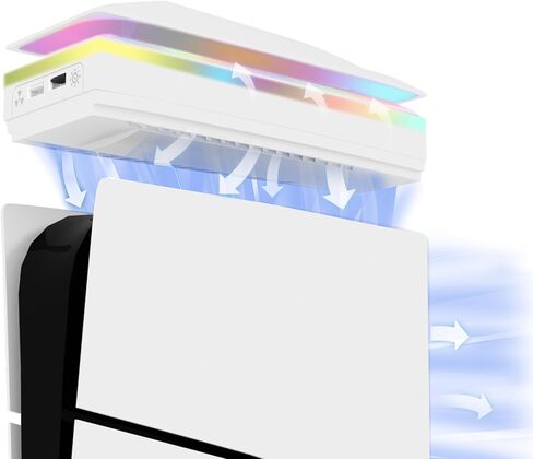 Dustproof PS5 Cooling Fan, JDGPOKOO PS5 Fan with 7 Modes RGB Light, Low Noise Cooler for Playstation 5 Digital & Disc Edition, 3 Speed 4000/4200/4500RPM, Independent Touch Switch, 2 USB Port (White) in Kuwait