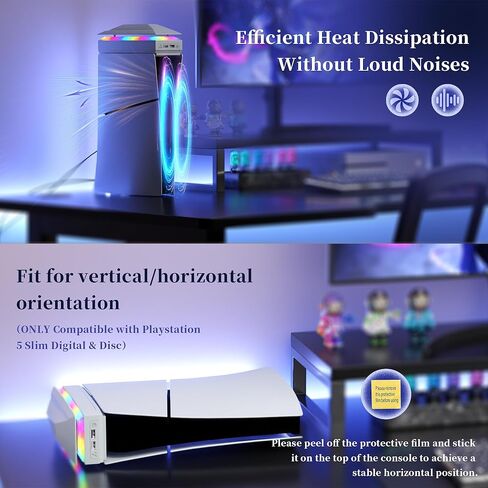 Dustproof PS5 Cooling Fan, JDGPOKOO PS5 Fan with 7 Modes RGB Light, Low Noise Cooler for Playstation 5 Digital & Disc Edition, 3 Speed 4000/4200/4500RPM, Independent Touch Switch, 2 USB Port (White) in Kuwait