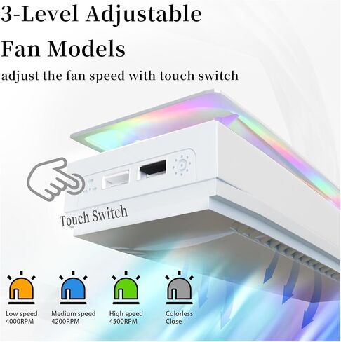 Dustproof PS5 Cooling Fan, JDGPOKOO PS5 Fan with 7 Modes RGB Light, Low Noise Cooler for Playstation 5 Digital & Disc Edition, 3 Speed 4000/4200/4500RPM, Independent Touch Switch, 2 USB Port (White) in Kuwait