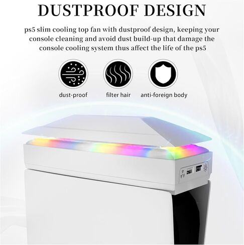 Dustproof PS5 Cooling Fan, JDGPOKOO PS5 Fan with 7 Modes RGB Light, Low Noise Cooler for Playstation 5 Digital & Disc Edition, 3 Speed 4000/4200/4500RPM, Independent Touch Switch, 2 USB Port (White) in Kuwait