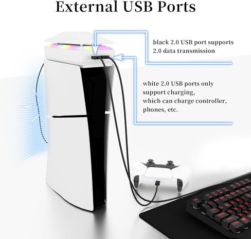 Dustproof PS5 Cooling Fan, JDGPOKOO PS5 Fan with 7 Modes RGB Light, Low Noise Cooler for Playstation 5 Digital & Disc Edition, 3 Speed 4000/4200/4500RPM, Independent Touch Switch, 2 USB Port (White) in Kuwait