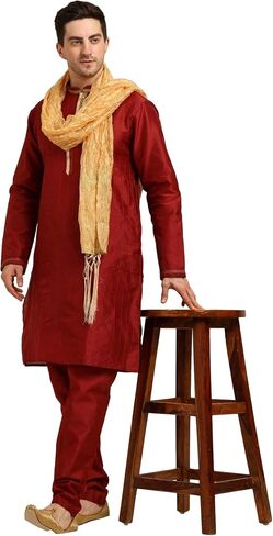 ITOS365 Men's Tunic Art Silk Kurta Pajama and Scarf Suit Set Indian Clothing Wedding Party Dress Gifts Items in Saudi Arabia