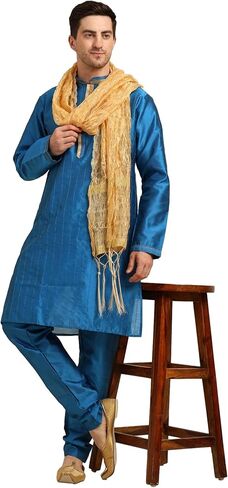 ITOS365 Men's Tunic Art Silk Kurta Pajama and Scarf Suit Set Indian Clothing Wedding Party Dress Gifts Items in Kuwait