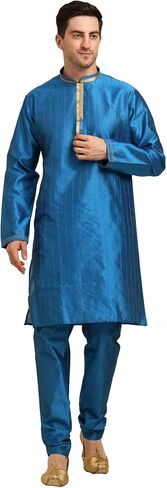 ITOS365 Men's Tunic Art Silk Kurta Pajama and Scarf Suit Set Indian Clothing Wedding Party Dress Gifts Items in Kuwait