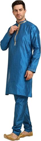 ITOS365 Men's Tunic Art Silk Kurta Pajama and Scarf Suit Set Indian Clothing Wedding Party Dress Gifts Items in Kuwait