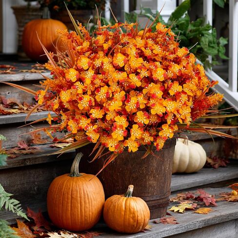 Artificial Fall Flowers Outdoor Fake Mums - 16 Bundles Fake Plants UV Resistant No Fade Faux Plastic Greenery Garden Porch Patio Fall Home Decor (1, OrangeGreen) in Saudi Arabia