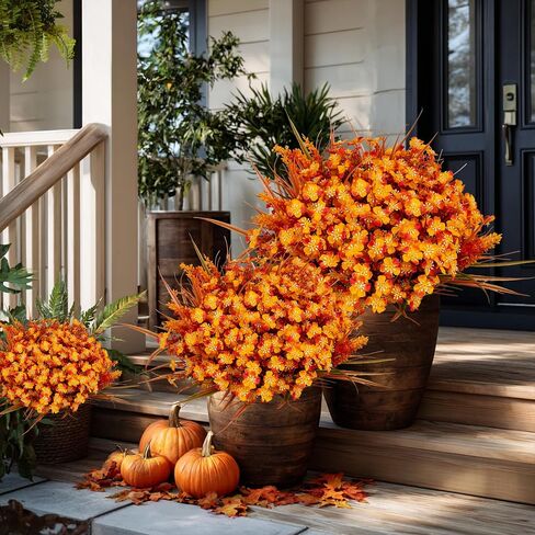 Artificial Fall Flowers Outdoor Fake Mums - 16 Bundles Fake Plants UV Resistant No Fade Faux Plastic Greenery Garden Porch Patio Fall Home Decor (1, OrangeGreen) in Saudi Arabia