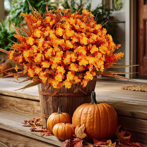 Artificial Fall Flowers Outdoor Fake Mums - 16 Bundles Fake Plants UV Resistant No Fade Faux Plastic Greenery Garden Porch Patio Fall Home Decor (1, OrangeGreen) in Saudi Arabia