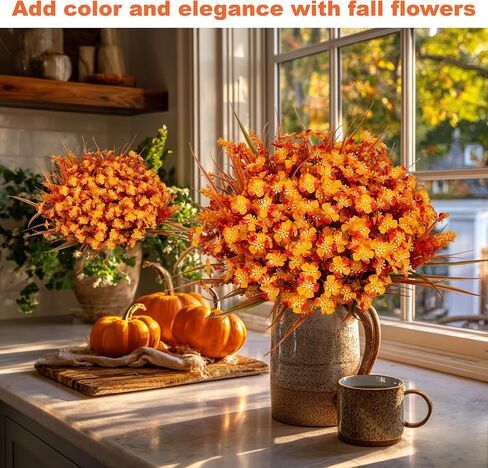 Artificial Fall Flowers Outdoor Fake Mums - 16 Bundles Fake Plants UV Resistant No Fade Faux Plastic Greenery Garden Porch Patio Fall Home Decor (1, OrangeGreen) in Saudi Arabia