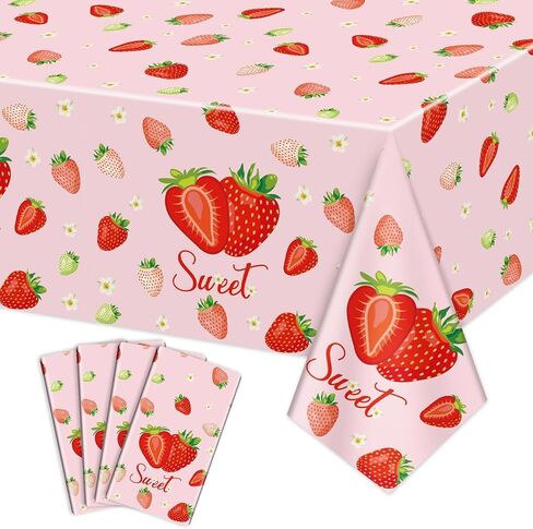4Pcs Strawberry Tablecloths, White Rectangular Sweet Table Cloths, Strawberry Birthday Party Supplies for Kids Girls Birthday Baby Shower Summer Fruit Party, 86 x 51 Inch in Saudi Arabia