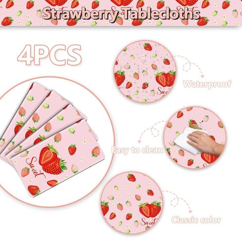 4Pcs Strawberry Tablecloths, White Rectangular Sweet Table Cloths, Strawberry Birthday Party Supplies for Kids Girls Birthday Baby Shower Summer Fruit Party, 86 x 51 Inch in Saudi Arabia