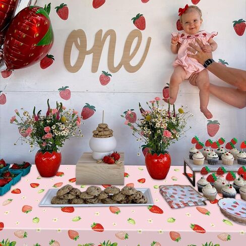 4Pcs Strawberry Tablecloths, White Rectangular Sweet Table Cloths, Strawberry Birthday Party Supplies for Kids Girls Birthday Baby Shower Summer Fruit Party, 86 x 51 Inch in Saudi Arabia