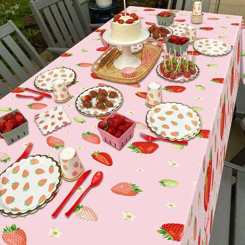 4Pcs Strawberry Tablecloths, White Rectangular Sweet Table Cloths, Strawberry Birthday Party Supplies for Kids Girls Birthday Baby Shower Summer Fruit Party, 86 x 51 Inch in Saudi Arabia