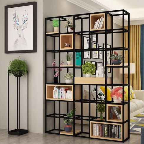 Bookcase Shelf Home Living Room Bookshelf Porch Display Stand Wrought Iron Storage Rack Square Plant Rack Floor Partition Rack Bookshelf with Storage(120 * 25 * 200cm) in Kuwait
