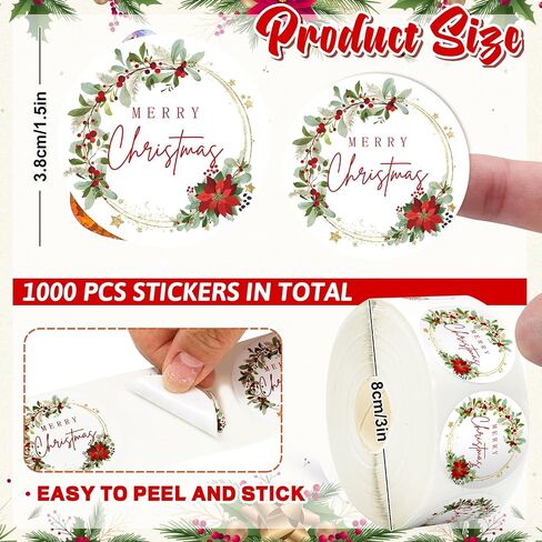 Whaline 1000pcs ملصقات عيد ميلاد سعيد لفة ألوان مائية بونسيتيت زهرة مغلف زهرة الأختام Xmas Holly Gold Foil Greenery Greener Weath ملصقات ملصق in Kuwait
