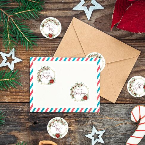 Whaline 1000pcs ملصقات عيد ميلاد سعيد لفة ألوان مائية بونسيتيت زهرة مغلف زهرة الأختام Xmas Holly Gold Foil Greenery Greener Weath ملصقات ملصق in Kuwait