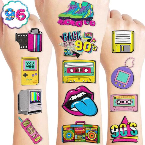 90s الثمانينات الموضوع المؤقت الوشم ، ديكورات حفلة عيد ميلاد الحفلات ، اللوازم 8 أوراق 96 PCS الرجعية فائقة اللطيفات الوشم المزيفة المزيفة هدايا للحفلات للأطفال in Kuwait