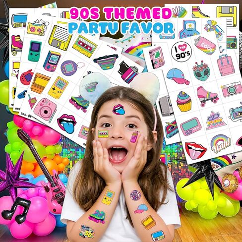 90s الثمانينات الموضوع المؤقت الوشم ، ديكورات حفلة عيد ميلاد الحفلات ، اللوازم 8 أوراق 96 PCS الرجعية فائقة اللطيفات الوشم المزيفة المزيفة هدايا للحفلات للأطفال in Kuwait