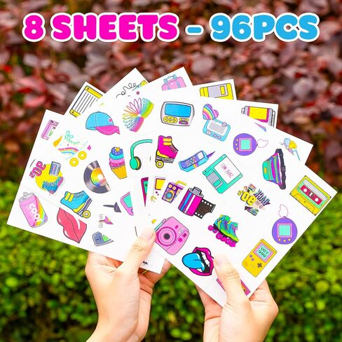 90s الثمانينات الموضوع المؤقت الوشم ، ديكورات حفلة عيد ميلاد الحفلات ، اللوازم 8 أوراق 96 PCS الرجعية فائقة اللطيفات الوشم المزيفة المزيفة هدايا للحفلات للأطفال in Kuwait