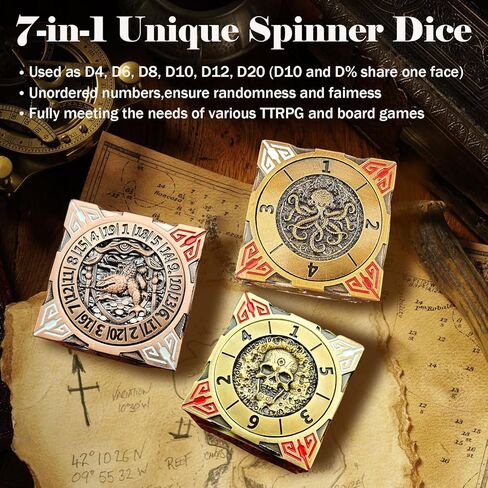 Metal Cube Spinner DND Dice ، Polyhedral Coll -Play 7 في 1 D&D Mystery Dice للأبراج المحصنة وهدايا ألعاب Dragons ، ومكتبي تملقات ARC CORNERS 6 Side Tabletop RPG Accessories لـ DM & Player （YHAG in Kuwait