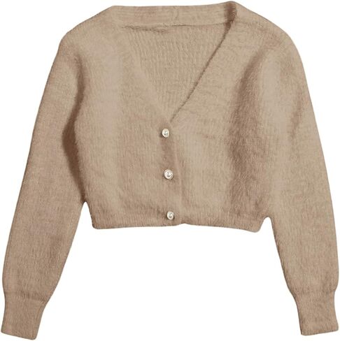 GORGLITTER Women's Fuzzy Pearl Button Up Open Front Cardigan Long Sleeve Crop Sweater Outerwear Jackets in Kuwait