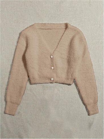 GORGLITTER Women's Fuzzy Pearl Button Up Open Front Cardigan Long Sleeve Crop Sweater Outerwear Jackets in Kuwait