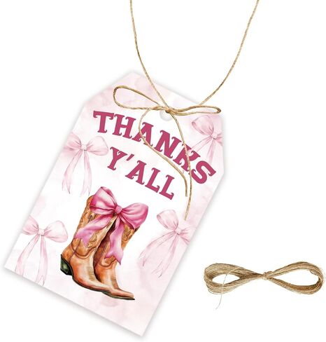 50pcs Pink Bow Cowgirl Thank You Tags, Western Cowgirl Gift Tag with String for Girl Birthday, Coquette Boots Thank You Paper Tags for Western Themed Party Favors in Saudi Arabia