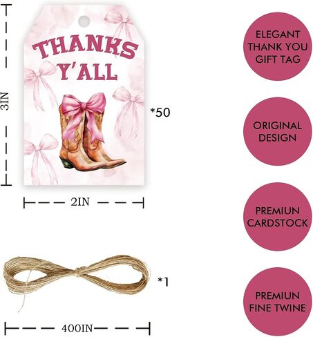 50pcs Pink Bow Cowgirl Thank You Tags, Western Cowgirl Gift Tag with String for Girl Birthday, Coquette Boots Thank You Paper Tags for Western Themed Party Favors in Saudi Arabia