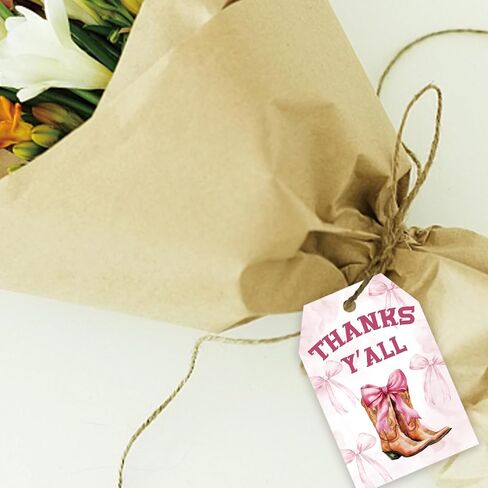 50pcs Pink Bow Cowgirl Thank You Tags, Western Cowgirl Gift Tag with String for Girl Birthday, Coquette Boots Thank You Paper Tags for Western Themed Party Favors in Saudi Arabia