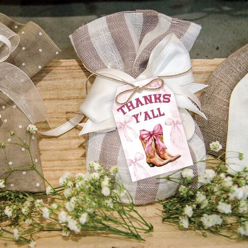 50pcs Pink Bow Cowgirl Thank You Tags, Western Cowgirl Gift Tag with String for Girl Birthday, Coquette Boots Thank You Paper Tags for Western Themed Party Favors in Saudi Arabia