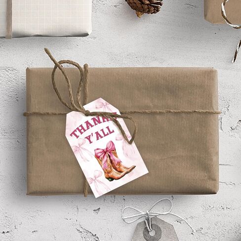 50pcs Pink Bow Cowgirl Thank You Tags, Western Cowgirl Gift Tag with String for Girl Birthday, Coquette Boots Thank You Paper Tags for Western Themed Party Favors in Saudi Arabia