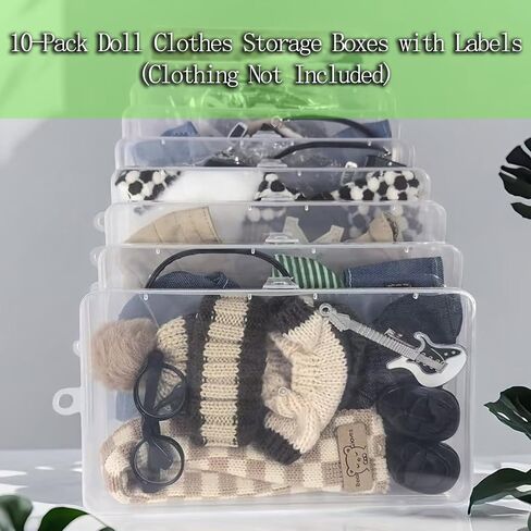 10-Pack Modern Clear Doll Clothes Storage Boxes with Labels - Organizer Bins for 4-8 Inch Plush Doll Dress Up, Outfits, Shoes & Hair Clips in Saudi Arabia