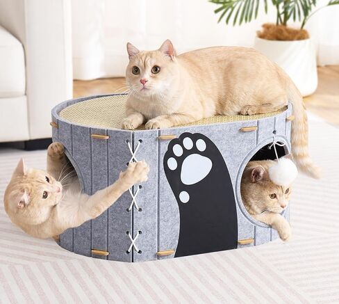 Cat House للقطط الداخلية ، 2 من طابقين 23 "× 15" × 23 "كهف القطط المغطى الكبير لقطط متعددة ، وبيوت مخبأ القط المغلقة مع كرة رقيقة ، منزل مريح للخدش in Kuwait