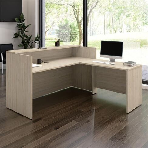 Bush Business Furniture Arrive 72W x 72D L Shaped Reception Desk with Shelf in Natural Elm, Modern Receptionist Station for Office Waiting Room in Saudi Arabia