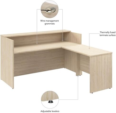 Bush Business Furniture Arrive 72W x 72D L Shaped Reception Desk with Shelf in Natural Elm, Modern Receptionist Station for Office Waiting Room in Saudi Arabia