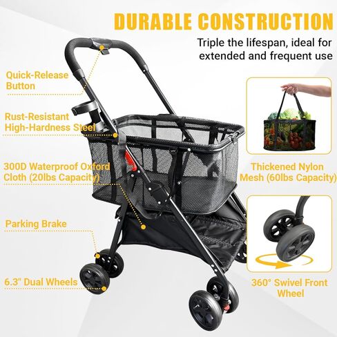 عربة تسوق قابلة للطي مطور (80 رطلاً) ، سلال قابلة للفصل وعجلات دوارة 360 درجة ، إطار خفيف للغاية ، عربة يدوية خفيفة الوزن 40 جالونًا للبقالة ، الغسيل ، التخييم in Kuwait