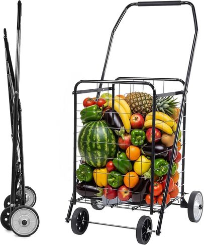 Simple Deluxe Folding Shopping Cart with Wheels, 90LB Capacity & Comfortable Foam Handle, Heavy Duty Collapsible Utility Cart for Groceries, Laundry, Travel, Books, Black in Saudi Arabia