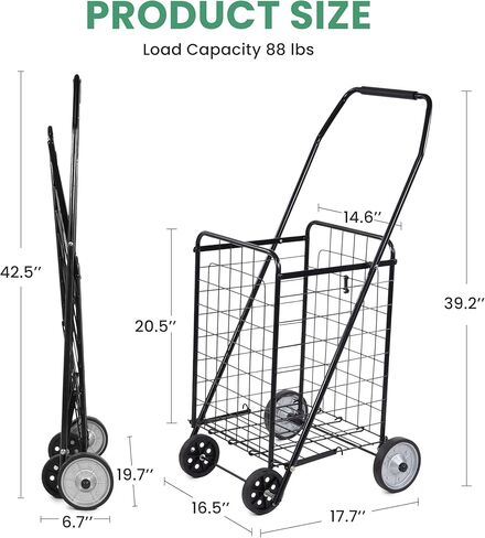 Simple Deluxe Folding Shopping Cart with Wheels, 90LB Capacity & Comfortable Foam Handle, Heavy Duty Collapsible Utility Cart for Groceries, Laundry, Travel, Books, Black in Saudi Arabia