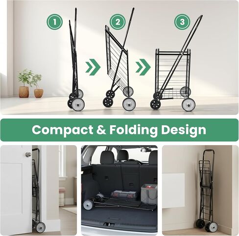 Simple Deluxe Folding Shopping Cart with Wheels, 90LB Capacity & Comfortable Foam Handle, Heavy Duty Collapsible Utility Cart for Groceries, Laundry, Travel, Books, Black in Saudi Arabia