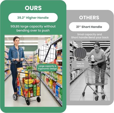 Simple Deluxe Folding Shopping Cart with Wheels, 90LB Capacity & Comfortable Foam Handle, Heavy Duty Collapsible Utility Cart for Groceries, Laundry, Travel, Books, Black in Saudi Arabia